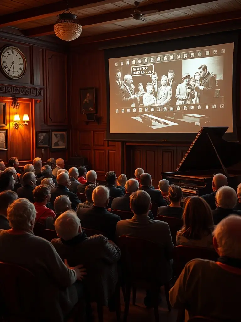 A visually appealing graphic promoting a silent film screening with live musical accompaniment.