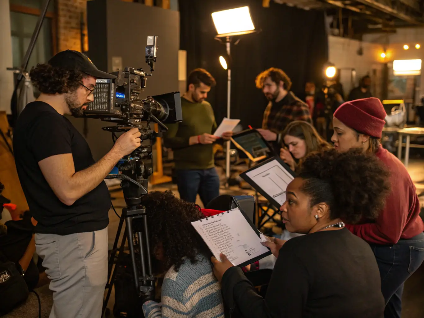 A photograph capturing a scene from a EUROLOISIRS CINEMA film workshop, where participants are actively engaged in learning about filmmaking techniques, surrounded by cameras and equipment.