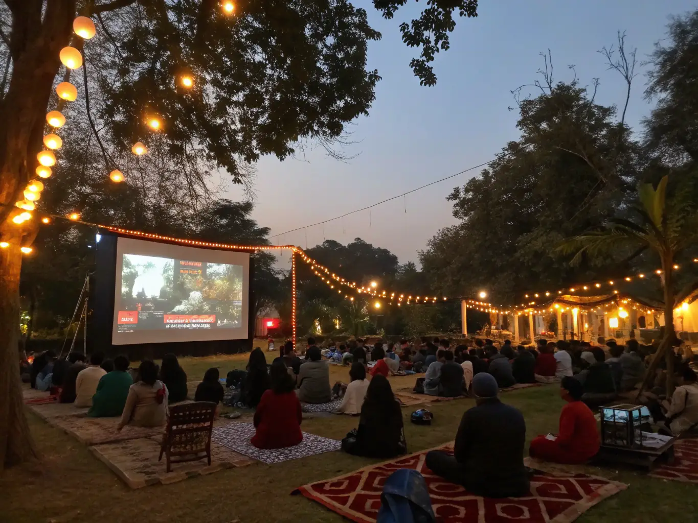 A photograph depicting a EUROLOISIRS CINEMA outdoor film screening event, showcasing a diverse audience enjoying a movie under the stars in a park setting.