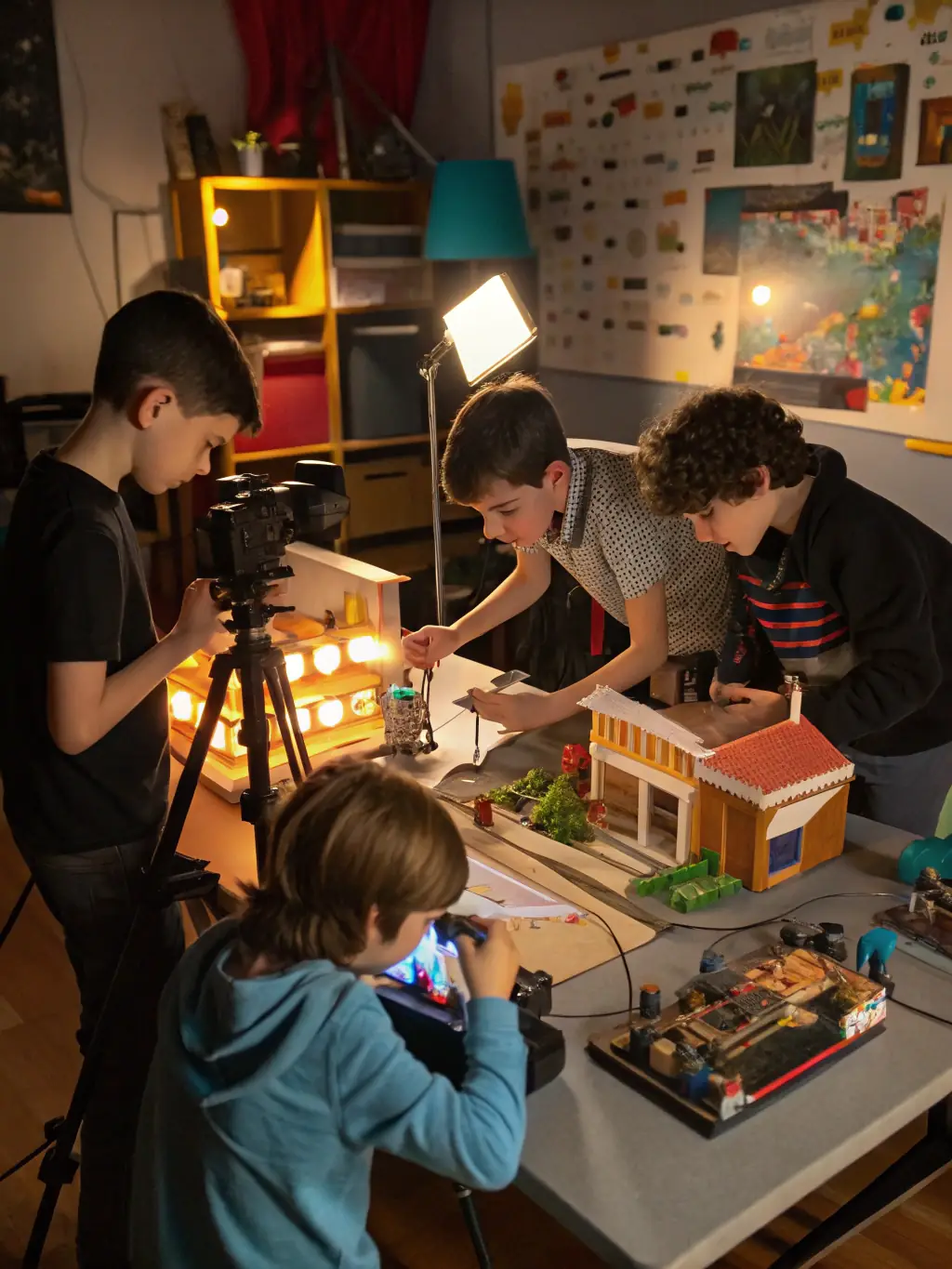 A photograph of children participating in a hands-on filmmaking workshop, learning about camera angles, lighting, and storytelling techniques from experienced instructors.