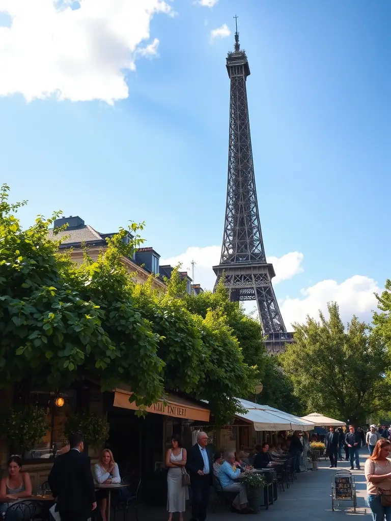 A vibrant image of a diverse group of people enjoying an outdoor film screening in a Parisian park, with the Eiffel Tower subtly visible in the background, capturing the essence of community and cinematic experience.