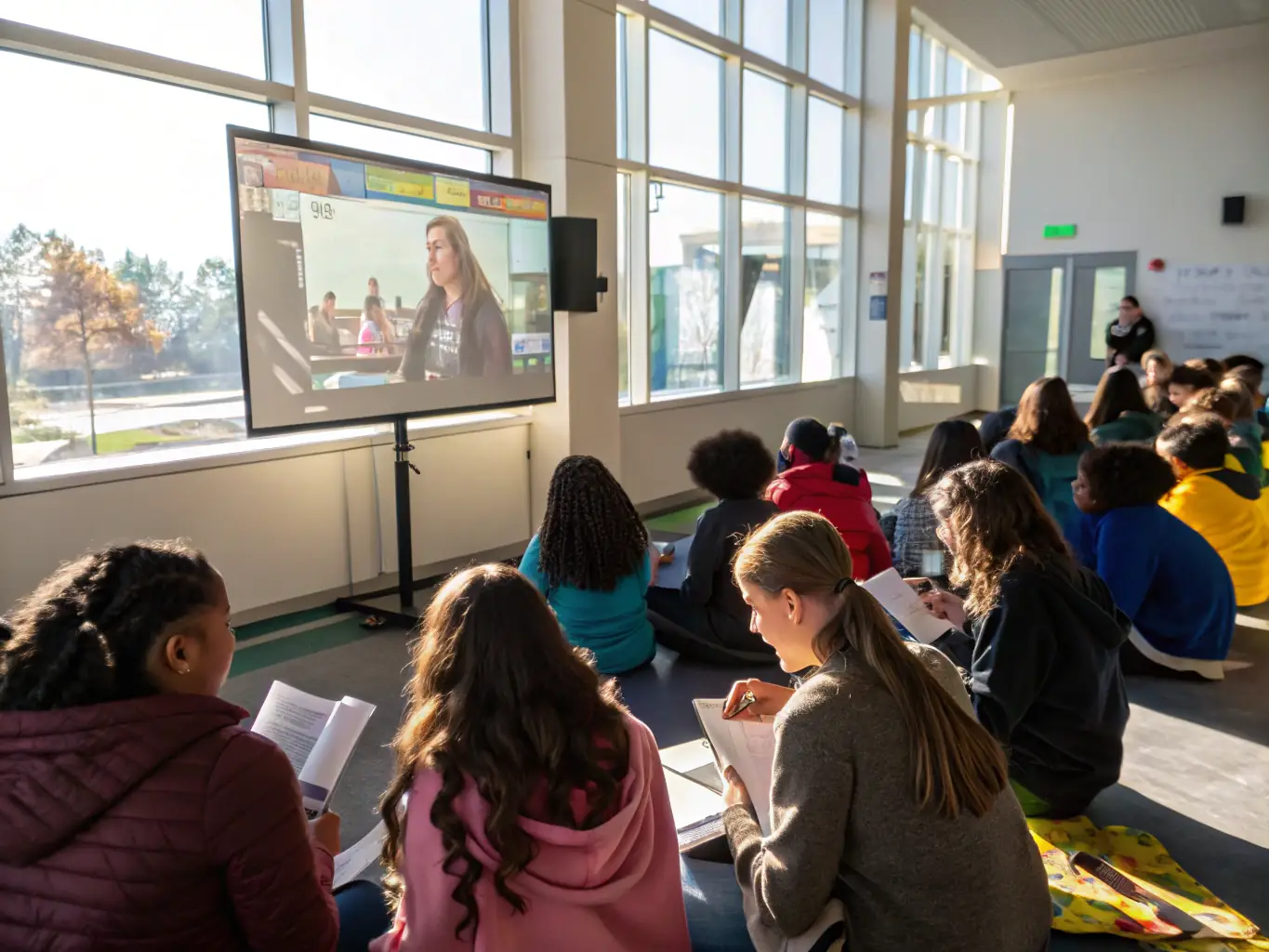 A photograph capturing a scene from a EUROLOISIRS CINEMA educational program, where children are watching a film and participating in a discussion about its themes and messages.